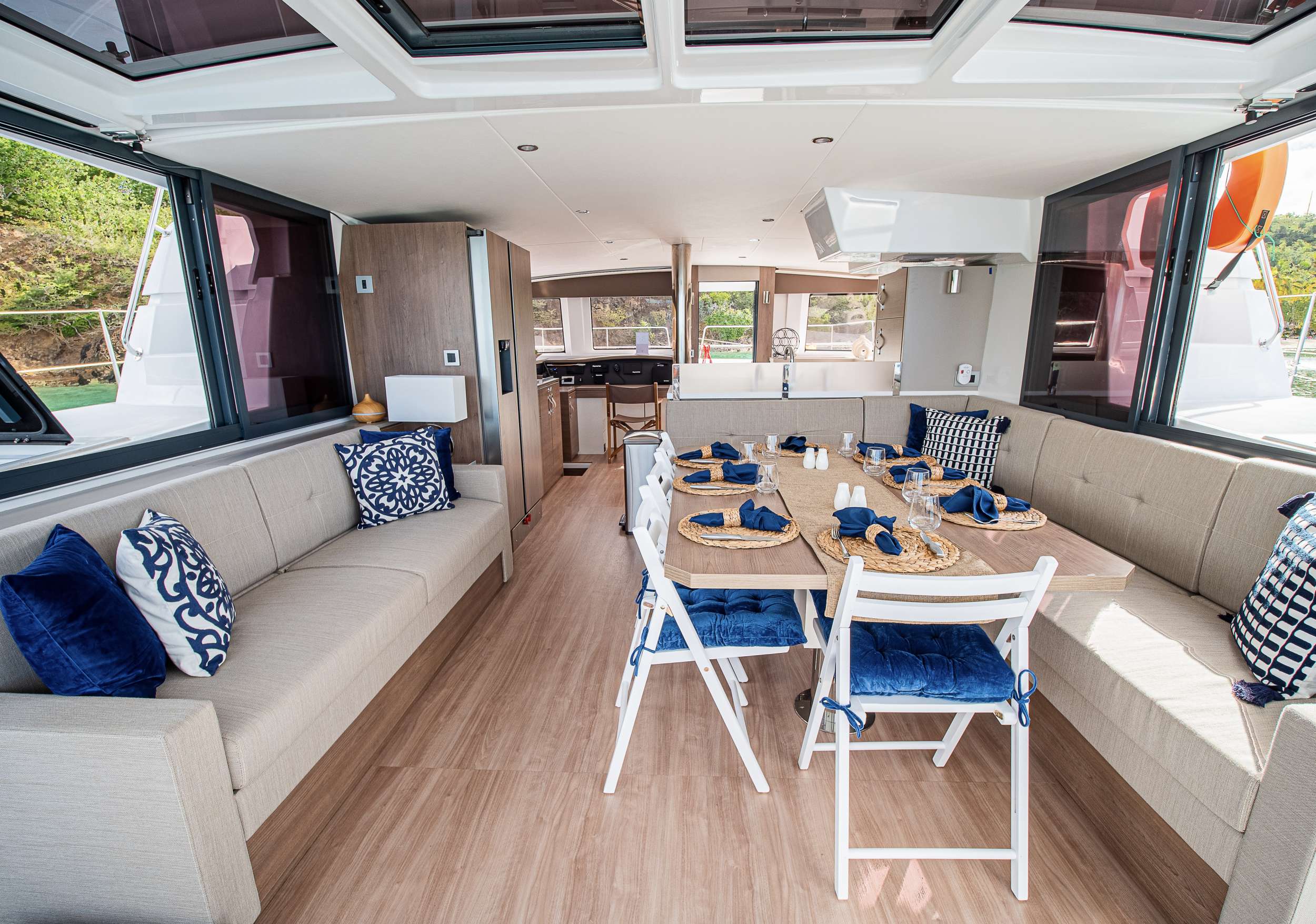 Light-filled salon and dining area aboard Bavarian Bliss